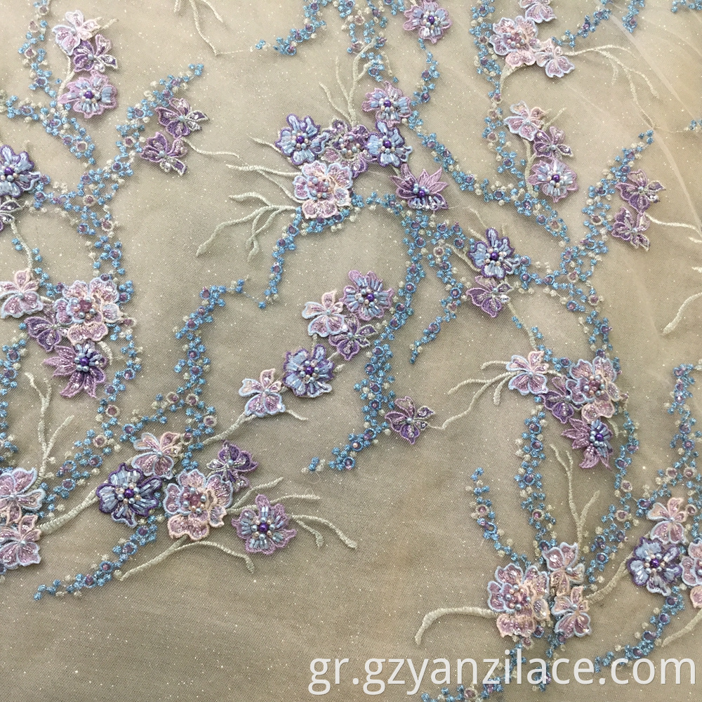 Purple Handmade Beaded Crystal Lace Fabric